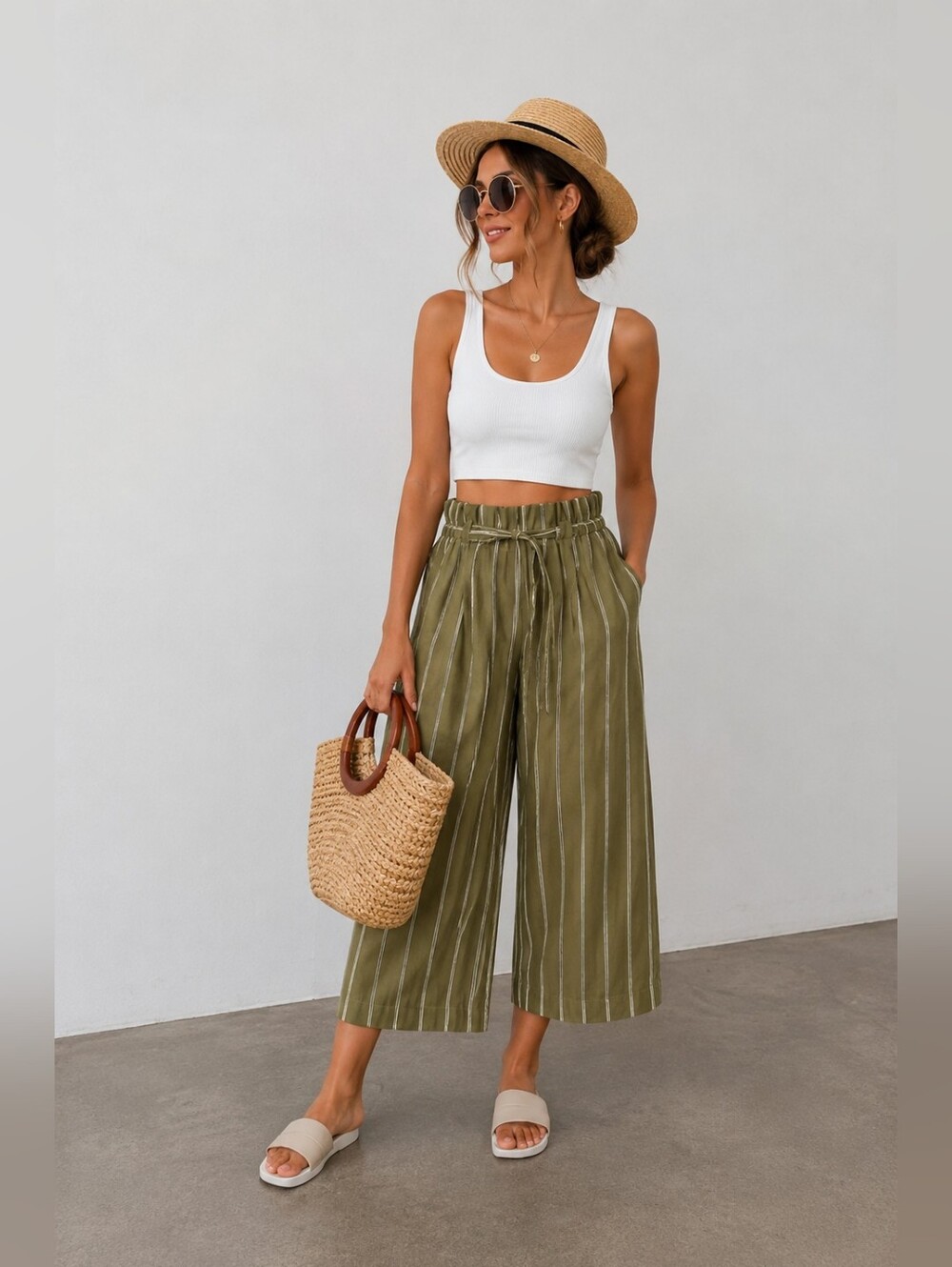 Club Monaco Olive Green Striped Wide-Leg Pants paper-bag waist with a tie belt
